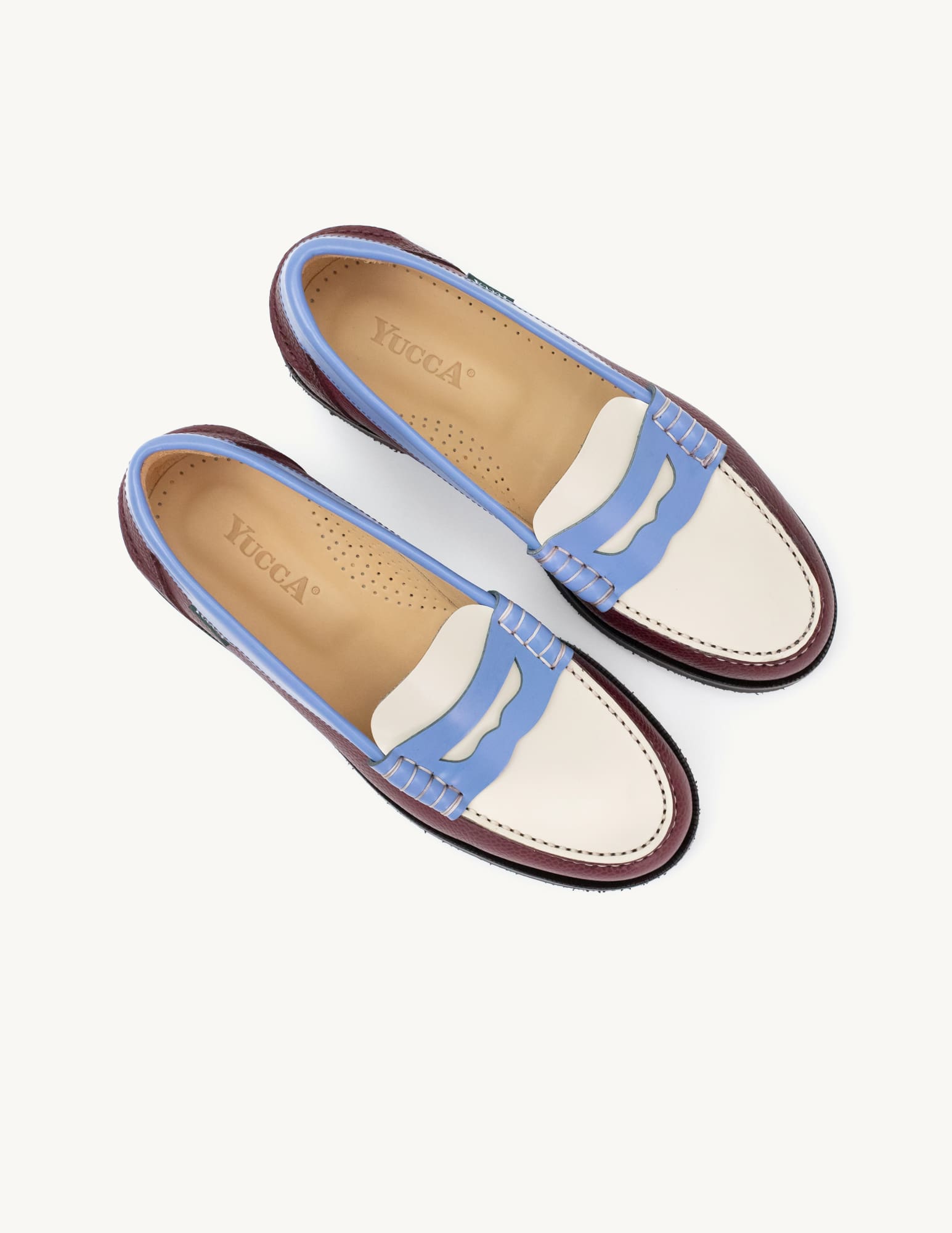 Penny Loafer modelo Yucca em bordeaux, branco e azul bebe | Sapataria do Carmo